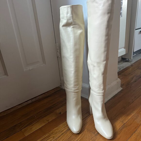 NWT ZARA 100% LEATHER BONE ECRU HEELED KNEE HIGH BOOTS (Size 37, 6.5) - Picture 2 of 5